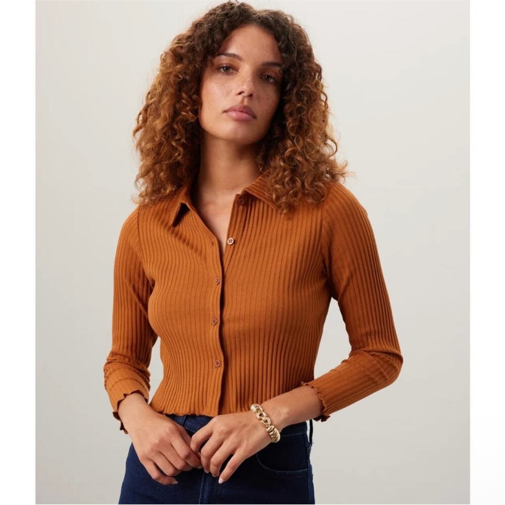 Rita Row Pike Ribbed Button Down Cropped Collar Brown Top Size Large